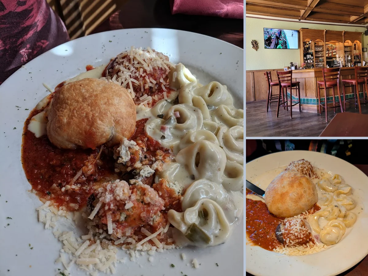 Cozy dining room with Italian dishes on the table.