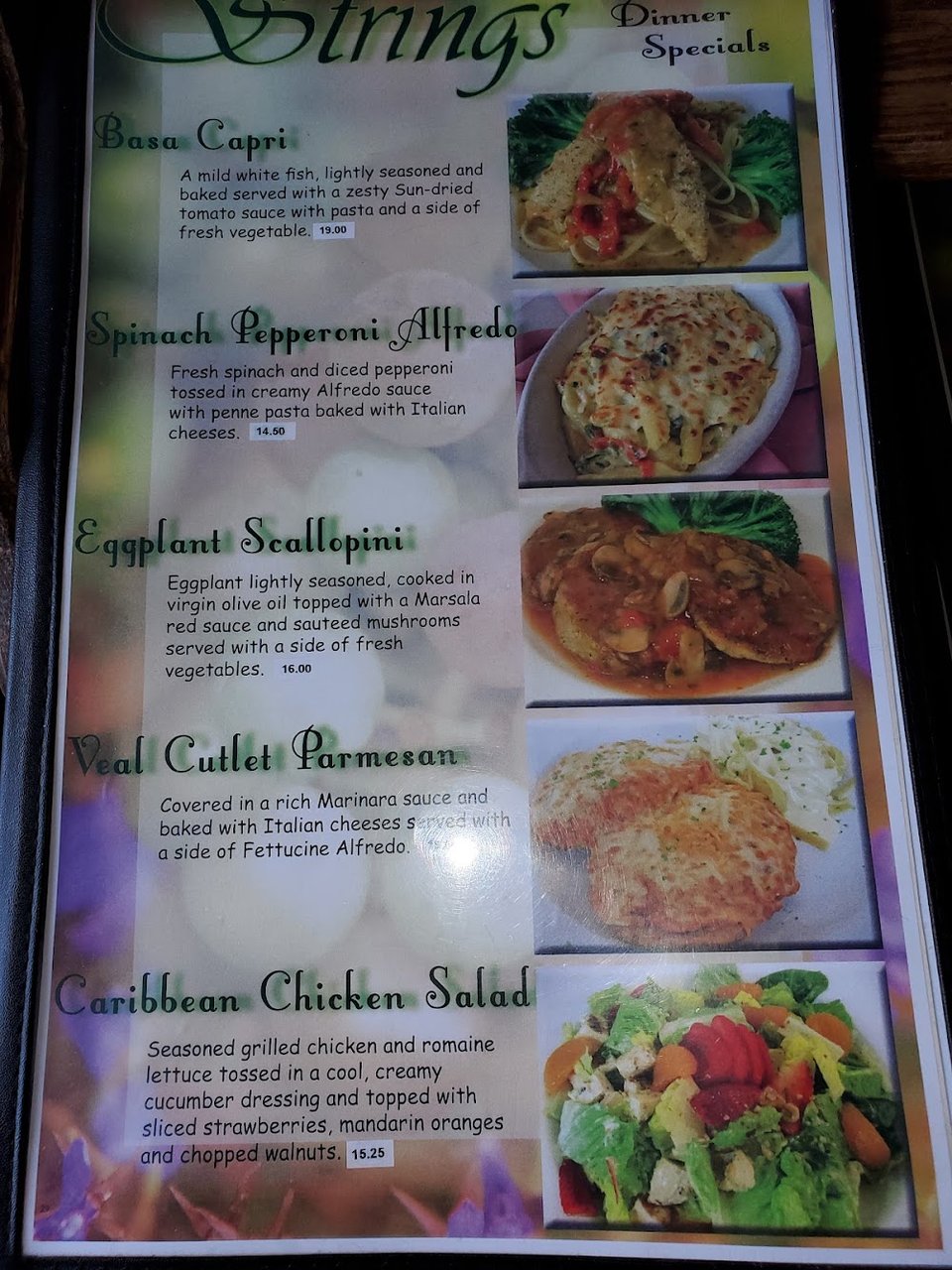 Italian menu page with veal, poultry, and pork dishes.